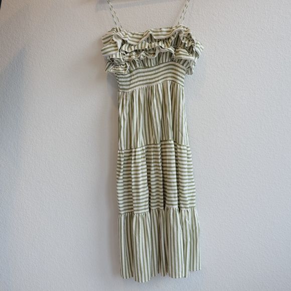 ZARA Midi Dress Linen Blend Striped Green Ruffles Tiered Sz S - Picture 4 of 13